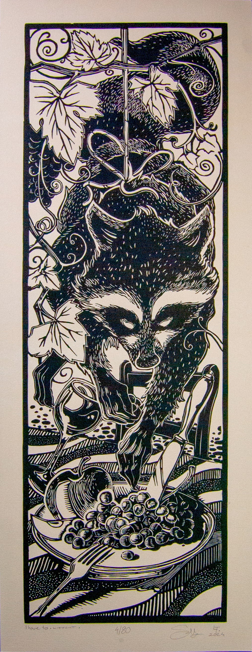 I Have To – fekete-fehér linómetszet mosómedvés motívummal, 24x65 cm