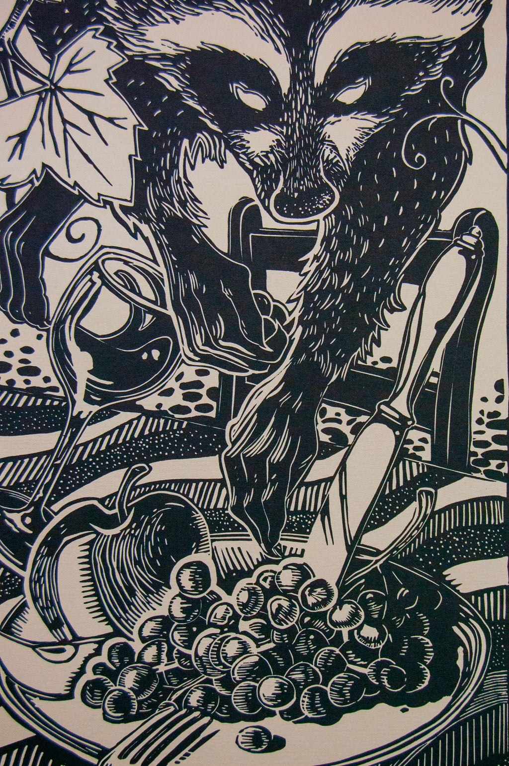 I Have To – részlet a nyomatból, fekete-fehér linómetszet mosómedvés motívummal, 24x65 cm