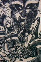 I Have To – részlet a nyomatból, fekete-fehér linómetszet mosómedvés motívummal, 24x65 cm