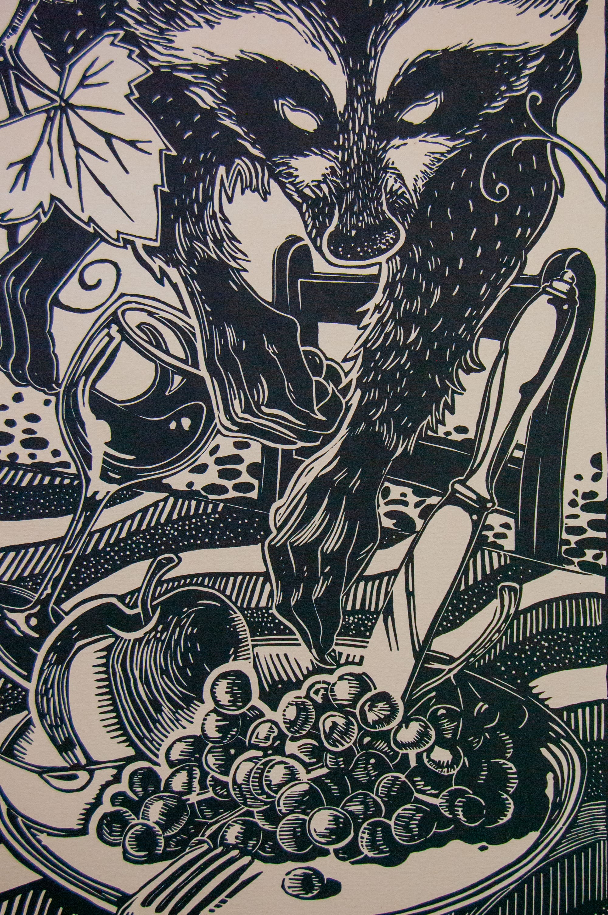 I Have To – részlet a nyomatból, fekete-fehér linómetszet mosómedvés motívummal, 24x65 cm