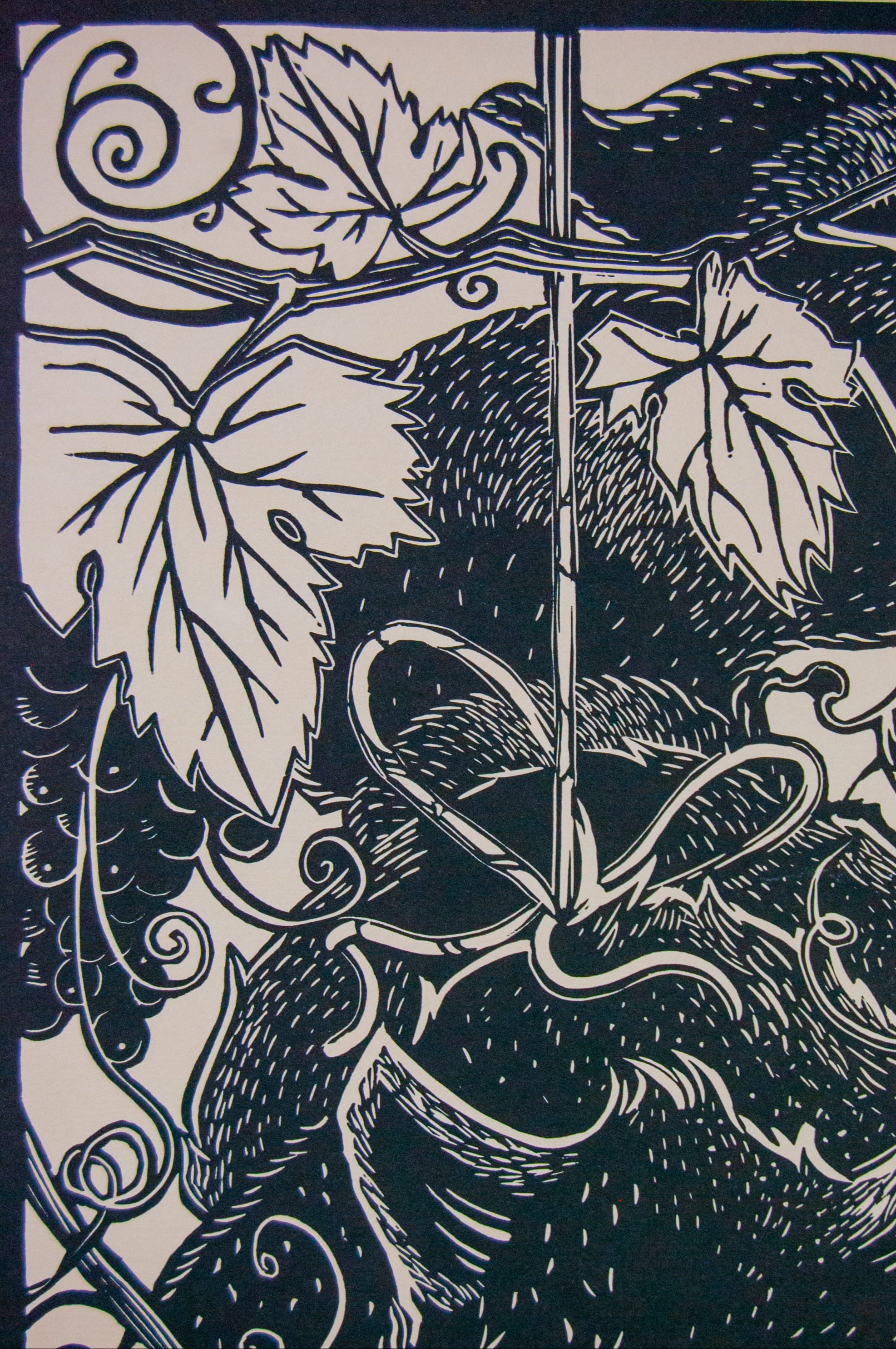 I Have To – részlet a nyomatból, fekete-fehér linómetszet mosómedvés motívummal, 24x65 cm