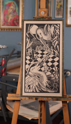 Games , fekete-fehér linómetszet gémekkel, sakktáblával és bástya alakú szignóval, keretezve, festőállványon, nyomat mérete 35x64,5 cm