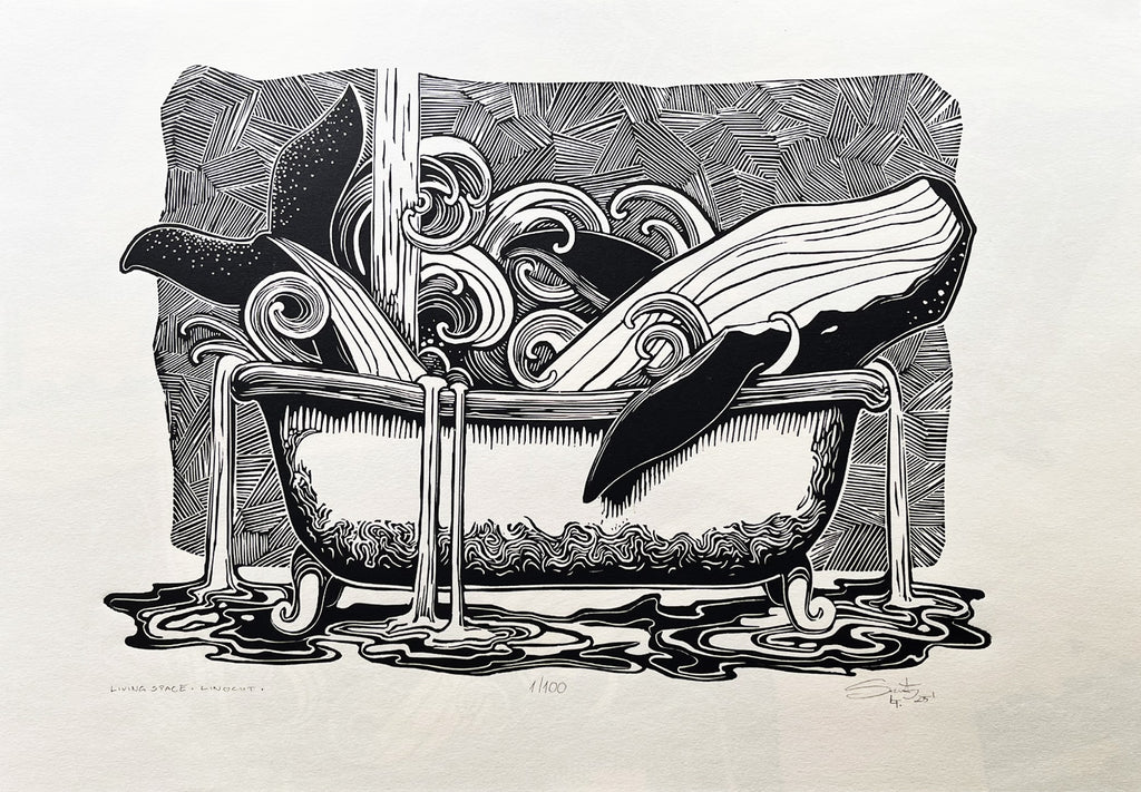Living Space – fekete-fehér linómetszet bálnás motívummal, 35x50 cm
