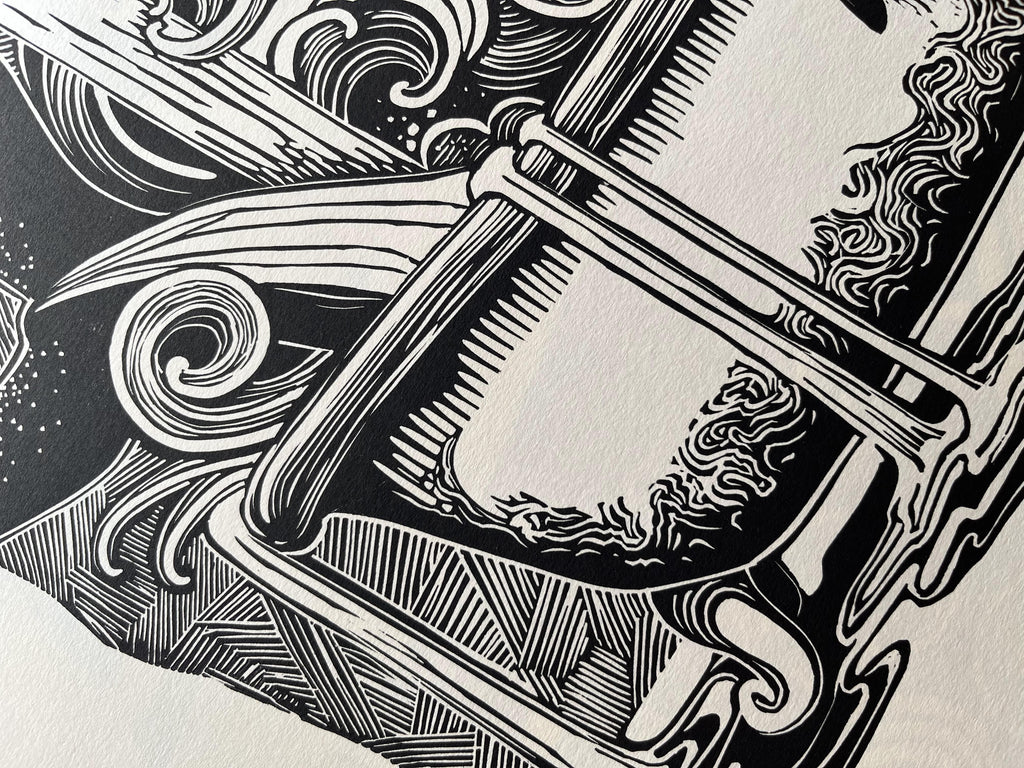 Living Space – részlet a nyomatból, fekete-fehér linómetszet bálnás motívummal, 35x50 cm