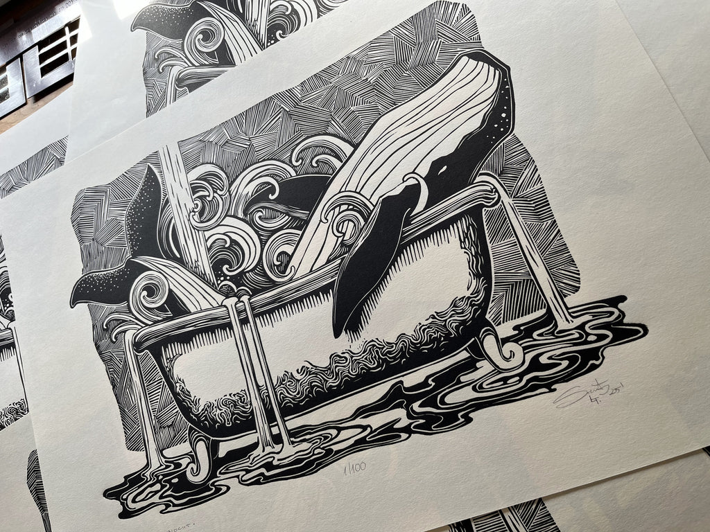 Living Space – fekete-fehér linómetszet bálnás motívummal, féloldali nézet, 35x50 cm






