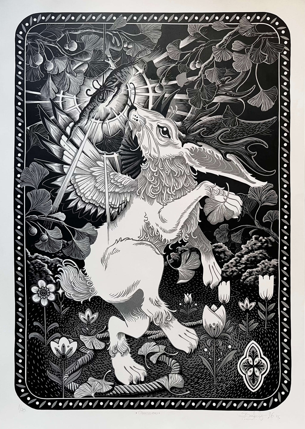 obsession linometszet nyulas mintával, szemből fekete fehér szürke 59,4 × 84,1 cm a/1 méret