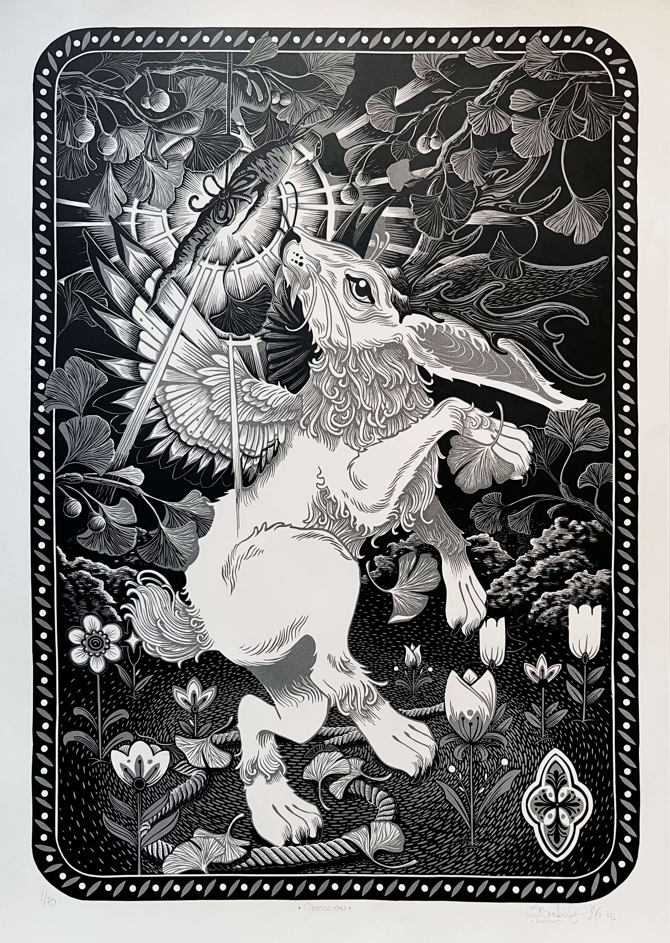 obsession linometszet nyulas mintával, szemből fekete fehér szürke 59,4 × 84,1 cm a/1 méret