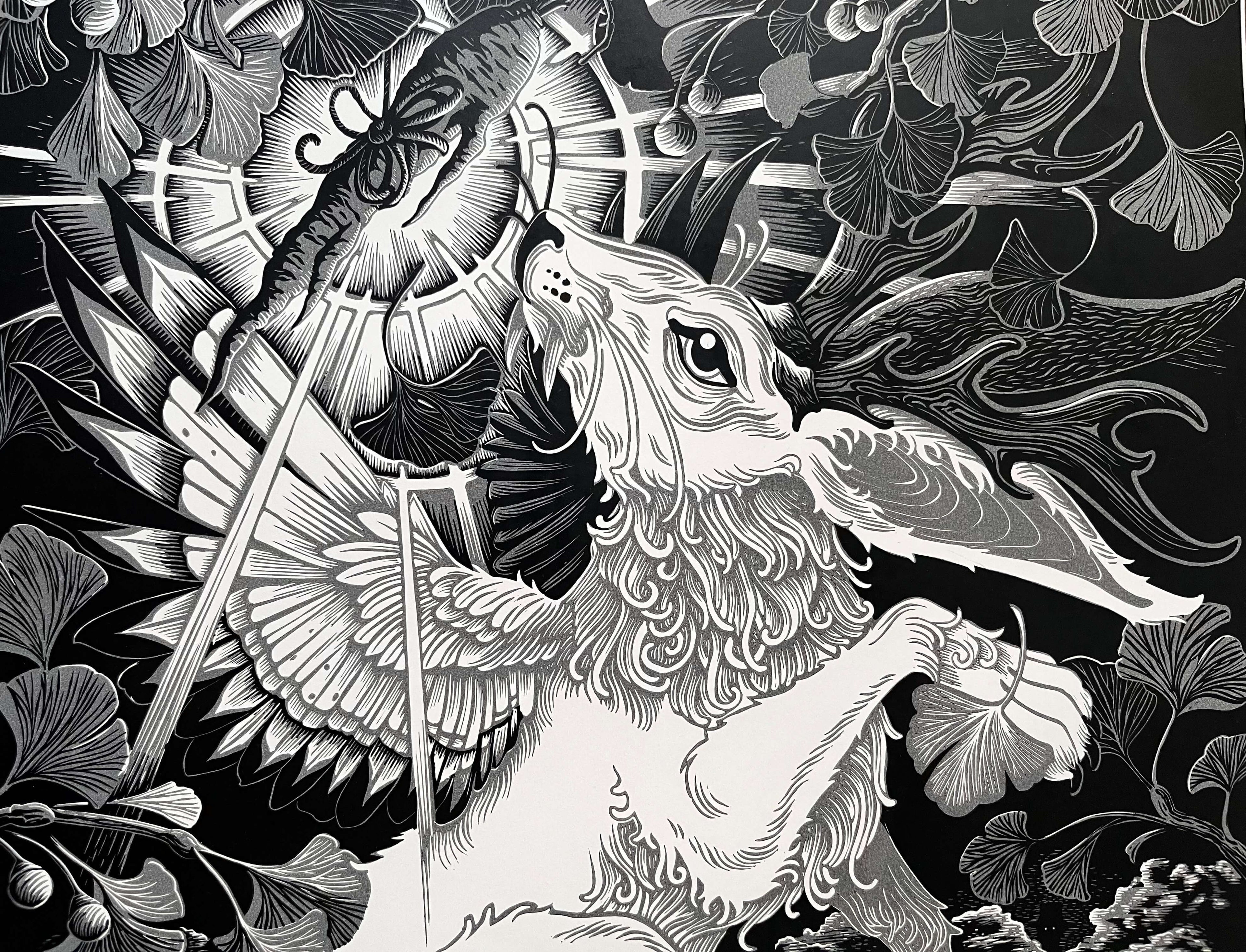 obsession linómetszet részlet nyulas mintával, fekete fehér szürke , 59,4 × 84,1 cm a/1 méret