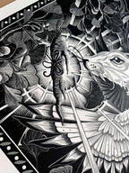 Obsession linómetszet részlet nyulas mintával  , fekete fehér szürke, 59,4 × 84,1 cm a/1 méret