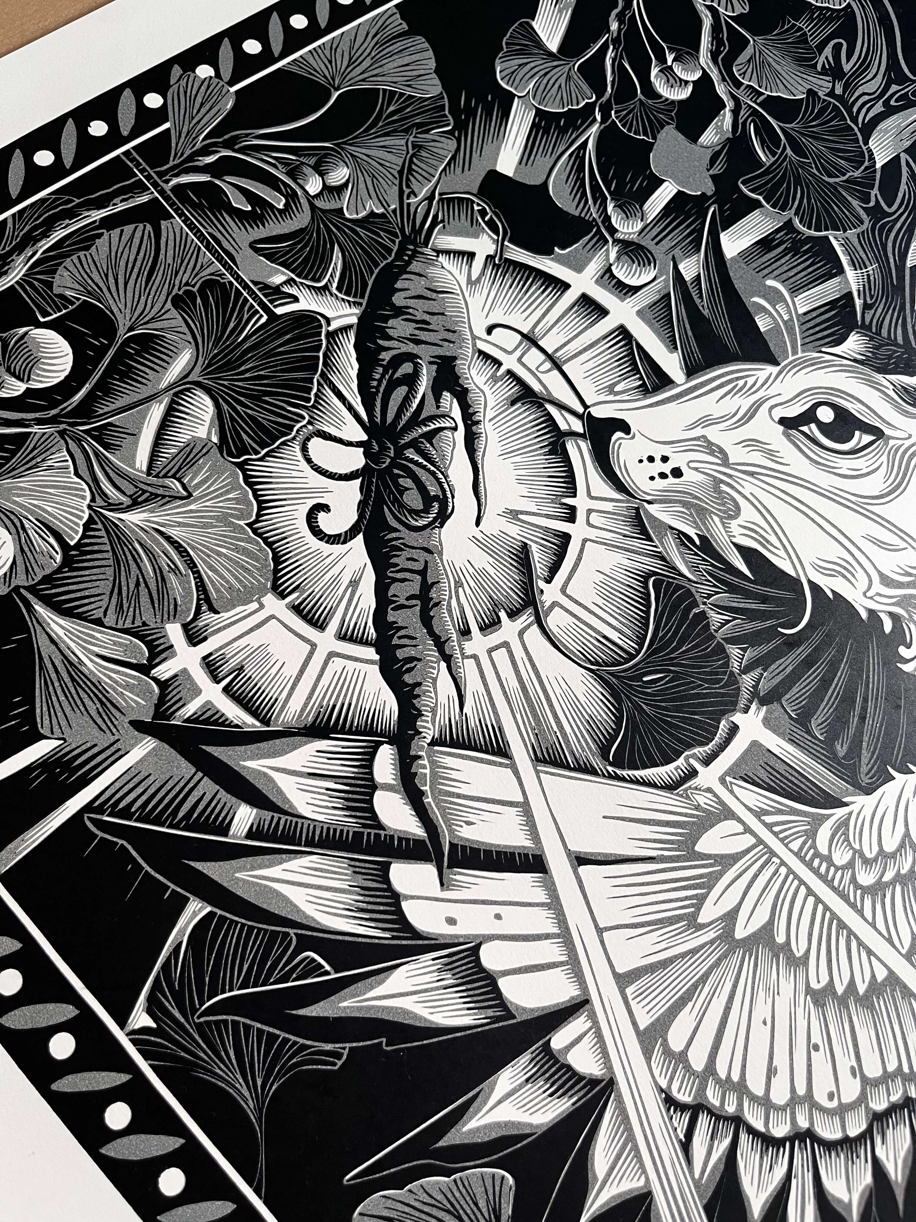 Obsession linómetszet részlet nyulas mintával  , fekete fehér szürke, 59,4 × 84,1 cm a/1 méret