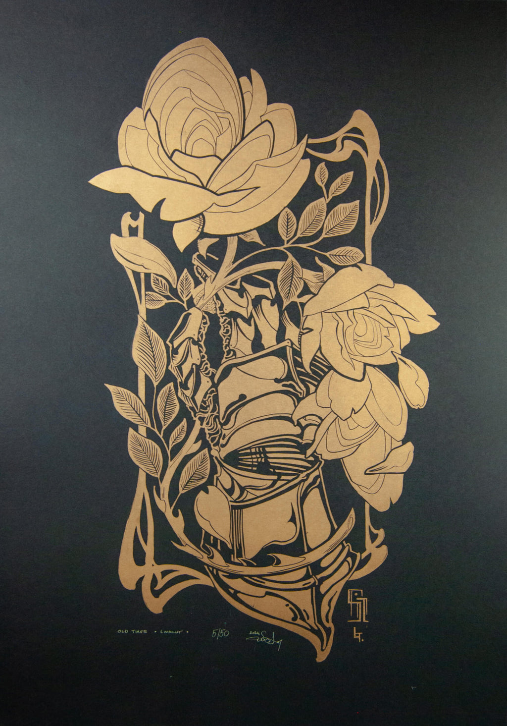 Old Times – linómetszet fekete alapon arany festékkel, lovagi kesztyű több rózsával, 47x67 cm