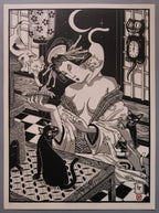 Working Class – japán stílusú fekete-fehér-szürke linómetszet gésával és macskákkal, 50x70 cm