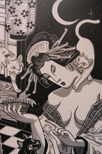 Working Class – részlet a nyomatból, japán stílusú fekete-fehér-szürke linómetszet gésával és macskákkal, 50x70 cm