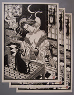 Working Class – japán stílusú fekete-fehér-szürke linómetszet gésával és macskákkal, több nyomat egymás tetején, 50x70 cm