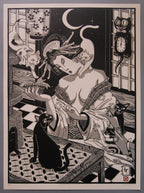 Working Class – japán stílusú fekete-fehér-szürke linómetszet gésával és macskákkal, 50x70 cm