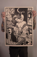 Working class, linómetszet, gésa macskákkal, 50x70 cm , fekete fehér szürke, kézben tartva