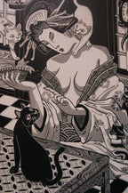 Working Class – részlet a nyomatból, japán stílusú fekete-fehér-szürke linómetszet gésával és macskákkal, 50x70 cm