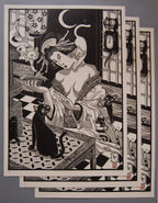 Working Class – japán stílusú fekete-fehér-szürke linómetszet gésával és macskákkal, több nyomat egymás tetején, 50x70 cm